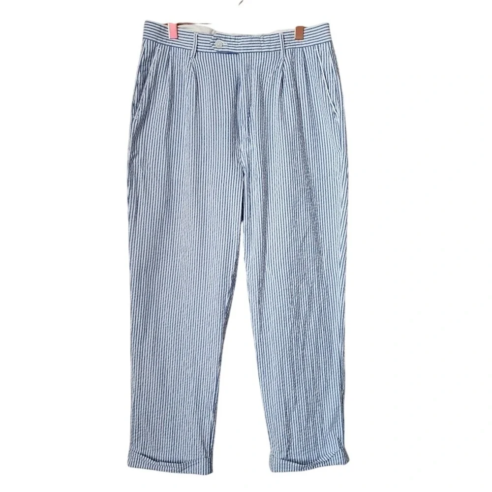 GARRET SCOTT Pleated Cuffed Seersucker pants Nautical preppy blue white 36R